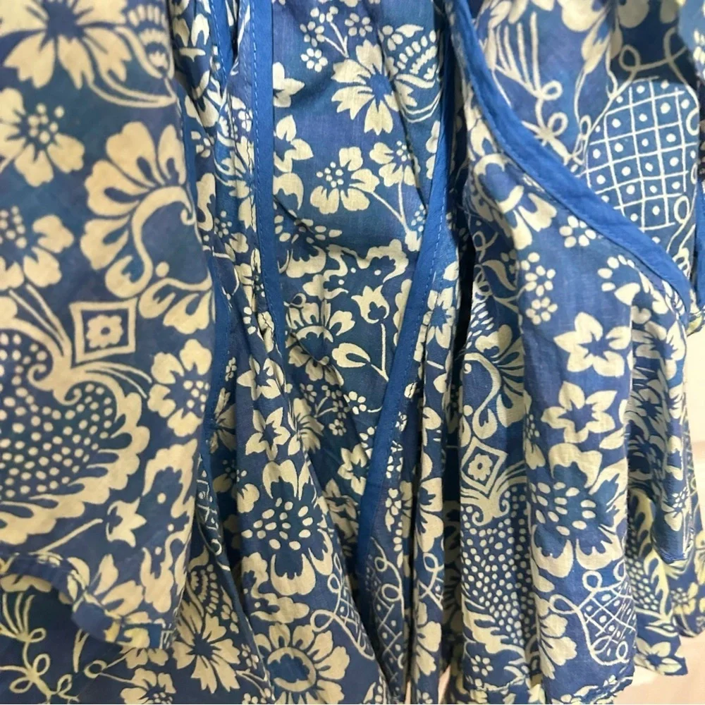 RHODE Floral Print Dress Blue Cream Feminine Ruffle Cotton Beach Vacation Sz Med
